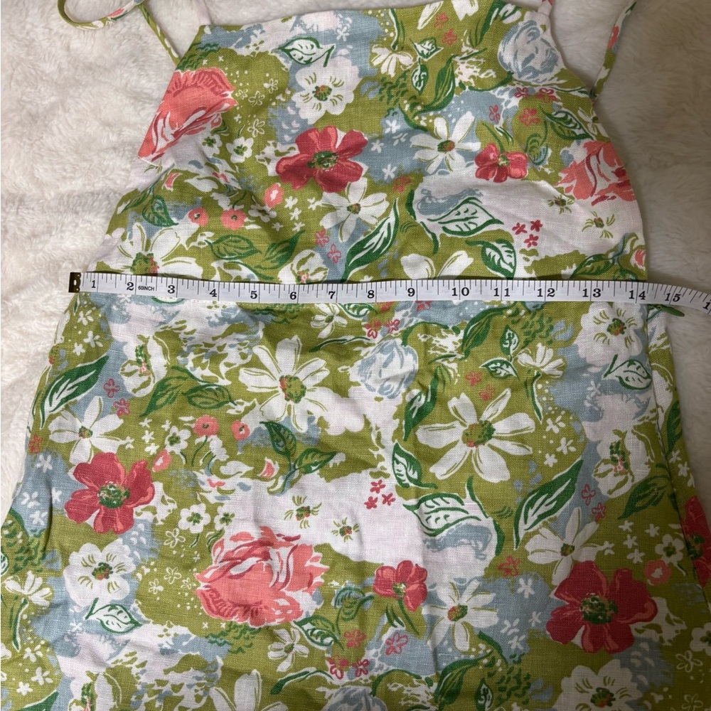 Reformation Full Linen Floral Square-Neck Mini Dress in Green, Pink and Blue - Picture 6 of 8